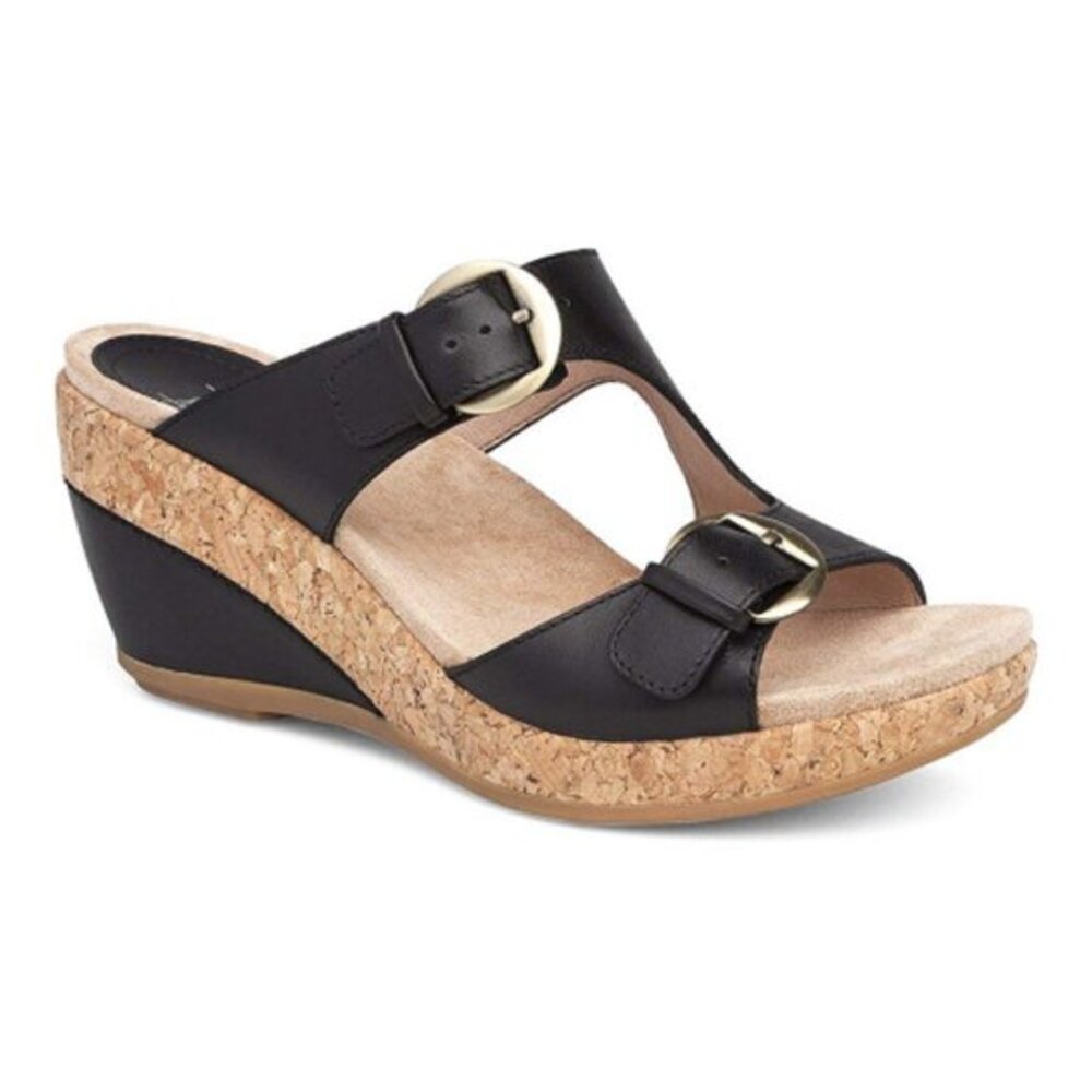 Dansko Carla Black Full Grain Leather Cork Heels Wedge Slip On Sandals EU 39